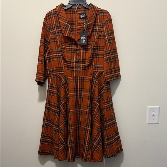 New Hell Bunny Rust Plaid Vintage Dress - Picture 2 of 9